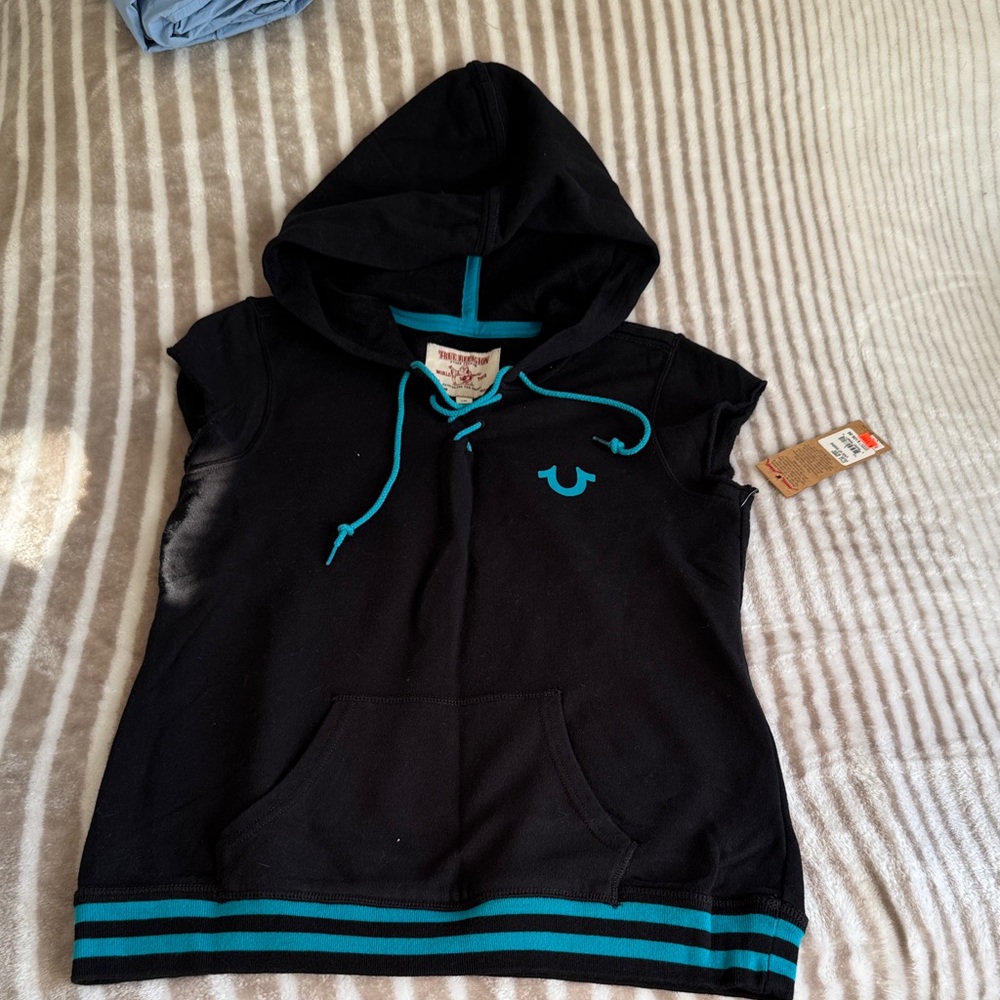 True Religion Black Hoodie with Teal Details
